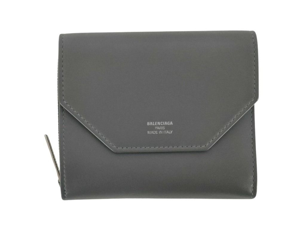 Balenciaga Trifold Wallet Envelope Gray Leather Compact Silver