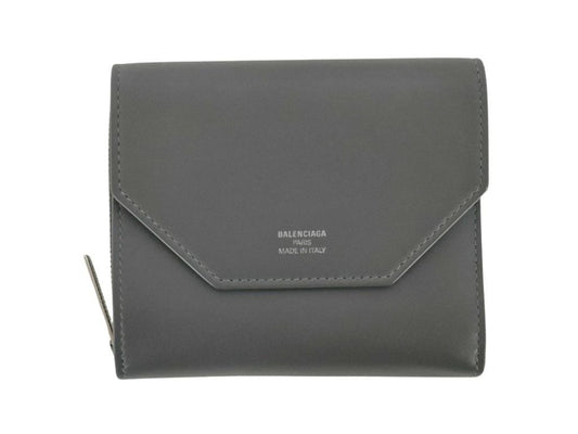 Balenciaga Trifold Wallet Envelope Gray Leather Compact Silver