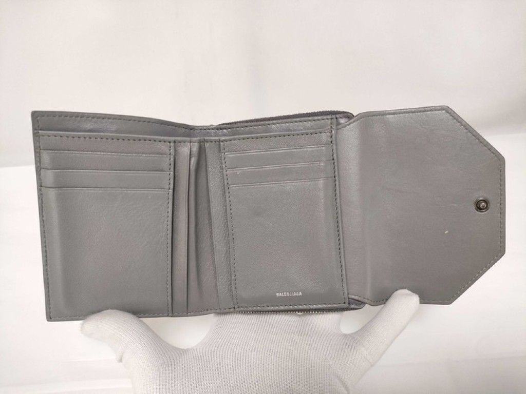 Balenciaga Trifold Wallet Envelope Gray Leather Compact Silver