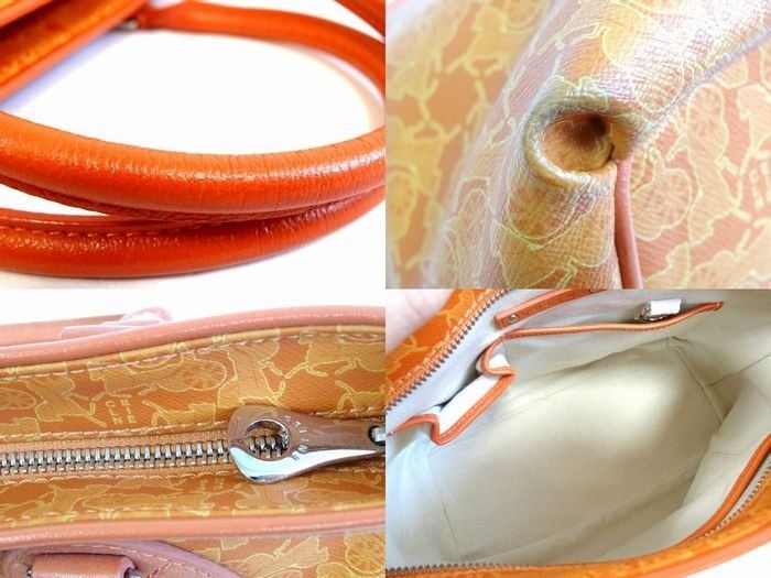 Celine Wc Saruki Handbag Leather Canvas Carriage Pattern All Over Orange
