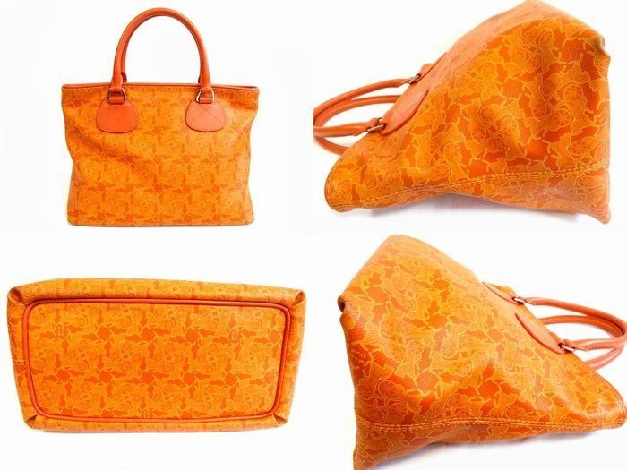 Celine Wc Saruki Handbag Leather Canvas Carriage Pattern All Over Orange