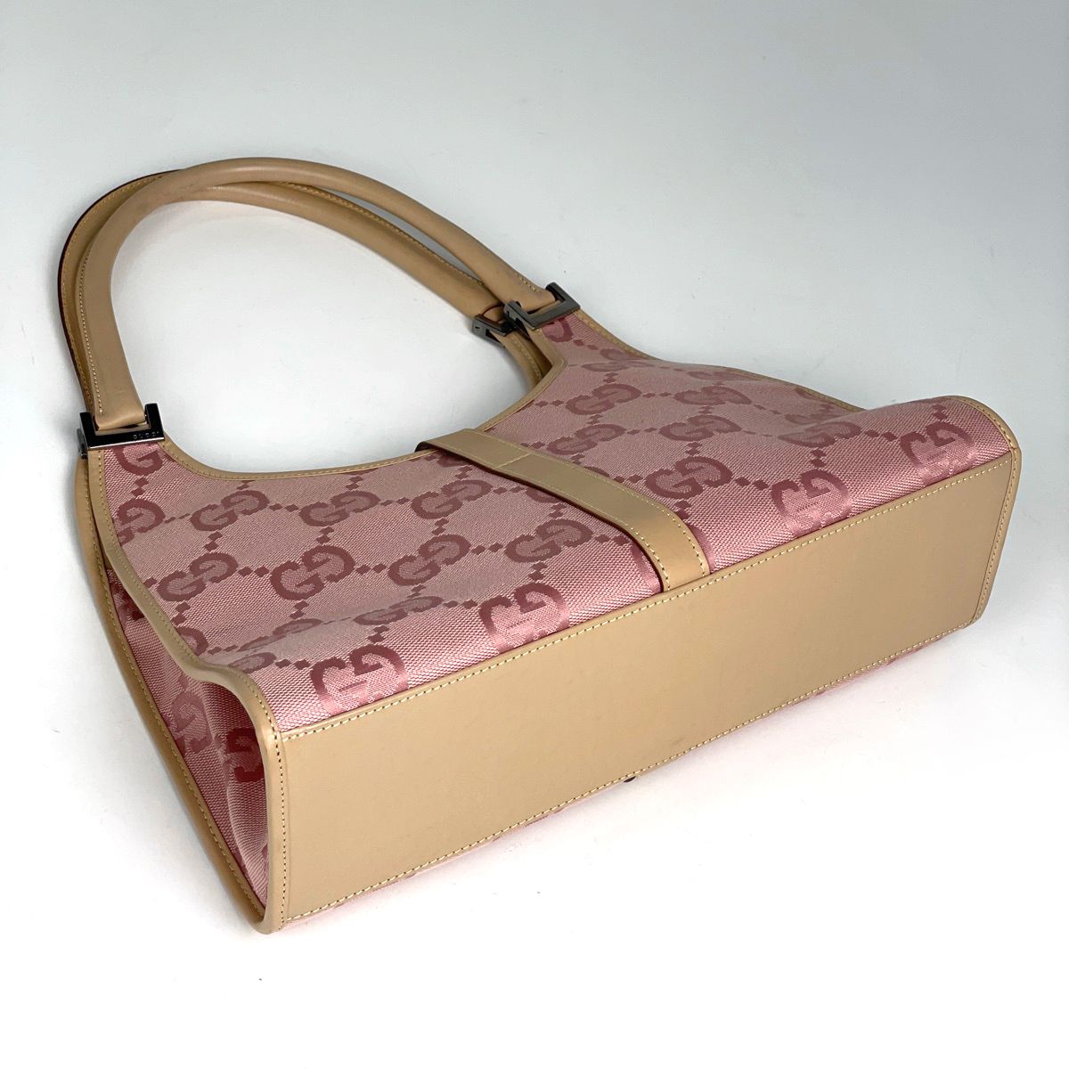Gucci Jackie Line Handbag GG Pattern Canvas Pink Beige