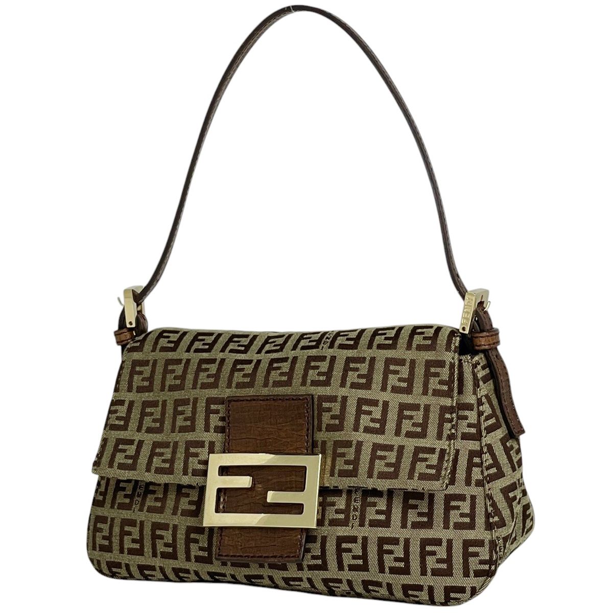 Fendi Zucchino Pattern Shoulder Bag Mini Mamma Baguette Bag Canvas Brown Beige