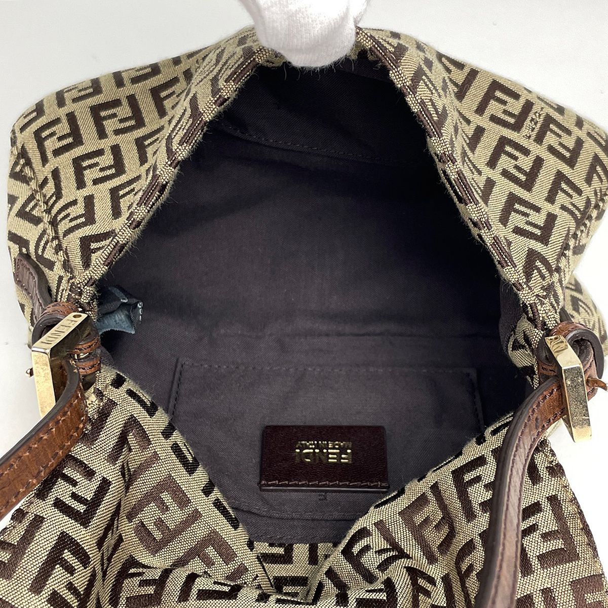 Fendi Zucchino Pattern Shoulder Bag Mini Mamma Baguette Bag Canvas Brown Beige