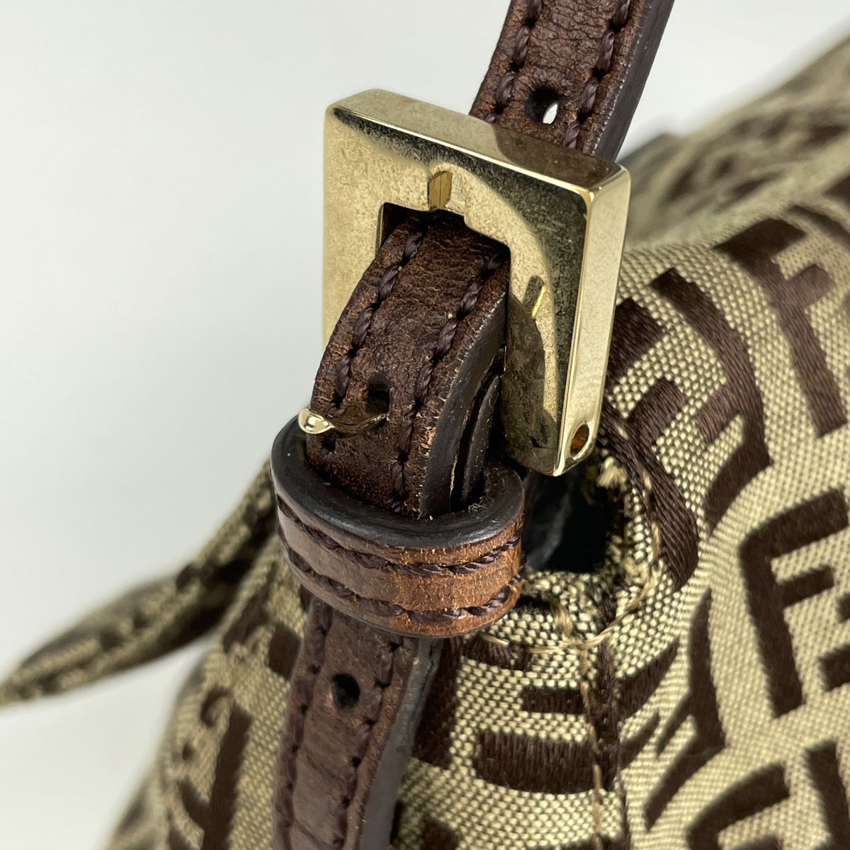Fendi Zucchino Pattern Shoulder Bag Mini Mamma Baguette Bag Canvas Brown Beige