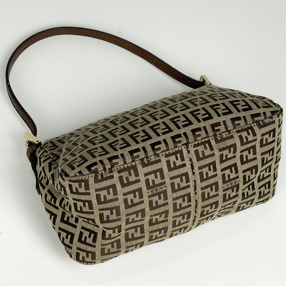 Fendi Zucchino Pattern Shoulder Bag Mini Mamma Baguette Bag Canvas Brown Beige
