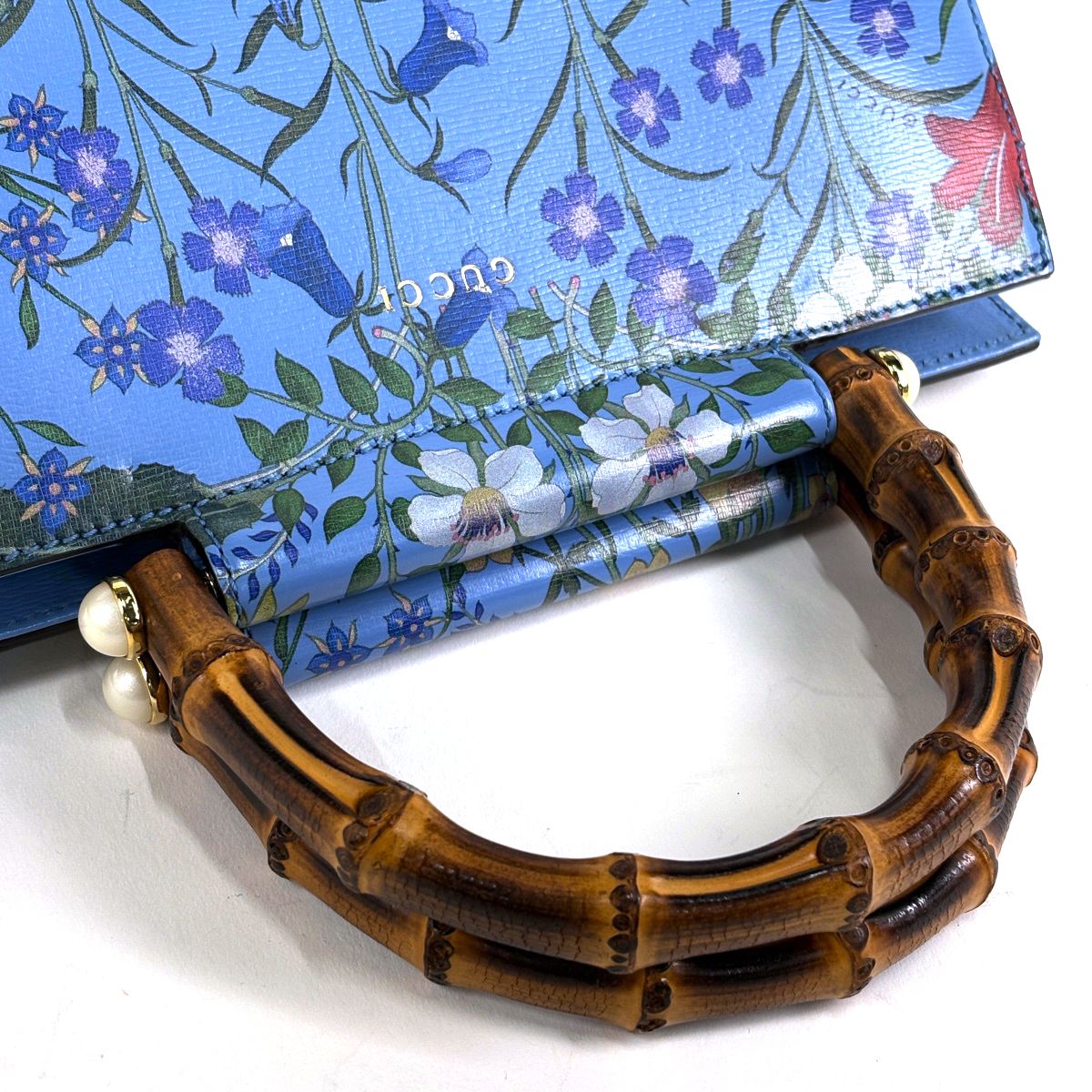 Gucci Nymfair Small New Flora Handbag 2-Way Bamboo Leather Blue