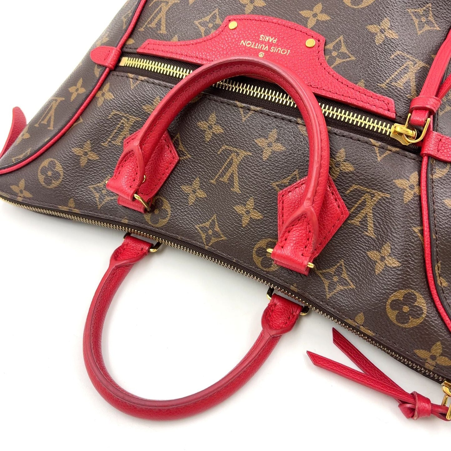 Louis Vuitton Tournelle PM Monogram Cerise Leather Brown Red Handbag Gold