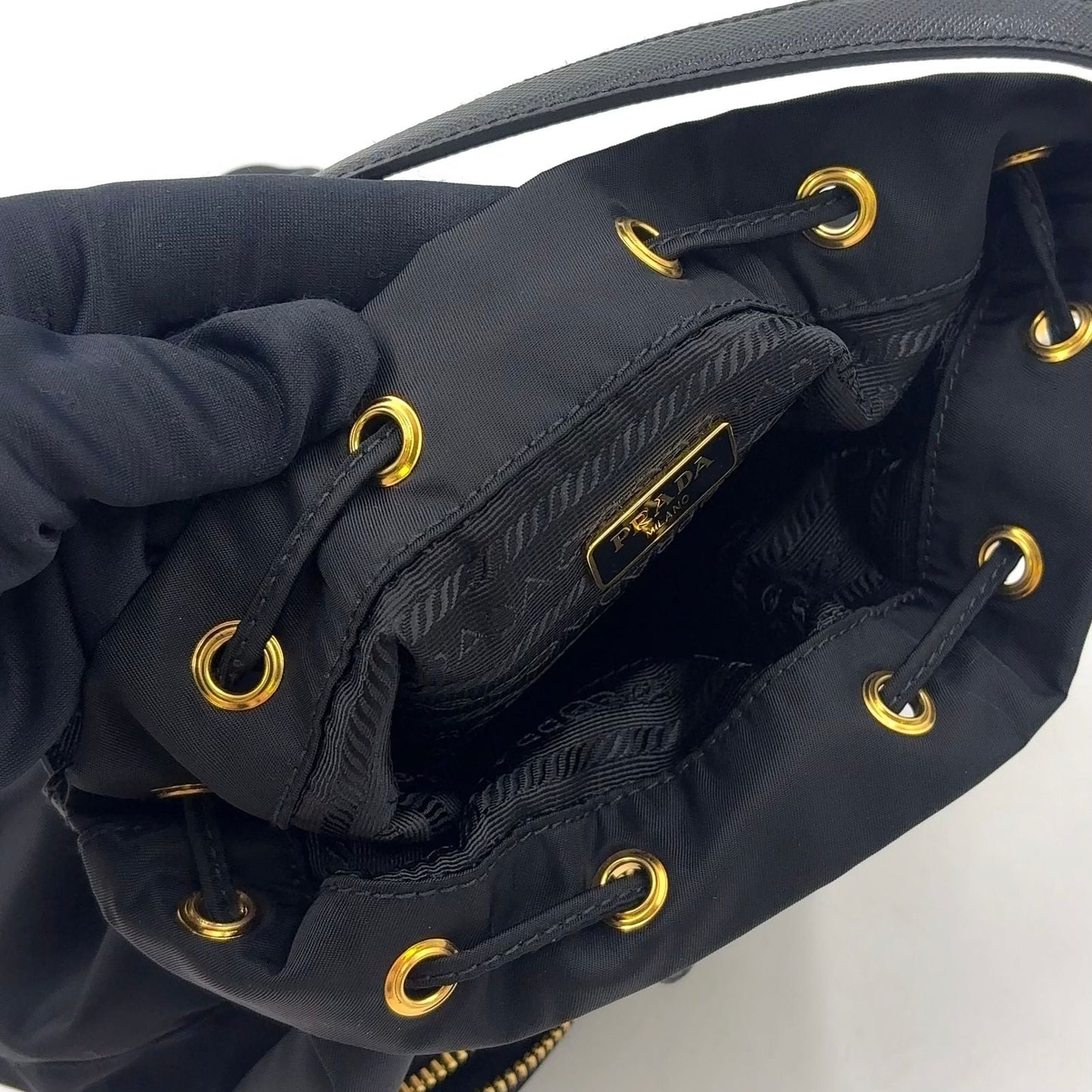 Prada Bucket 2-Way Nylon Black Handbag Gold