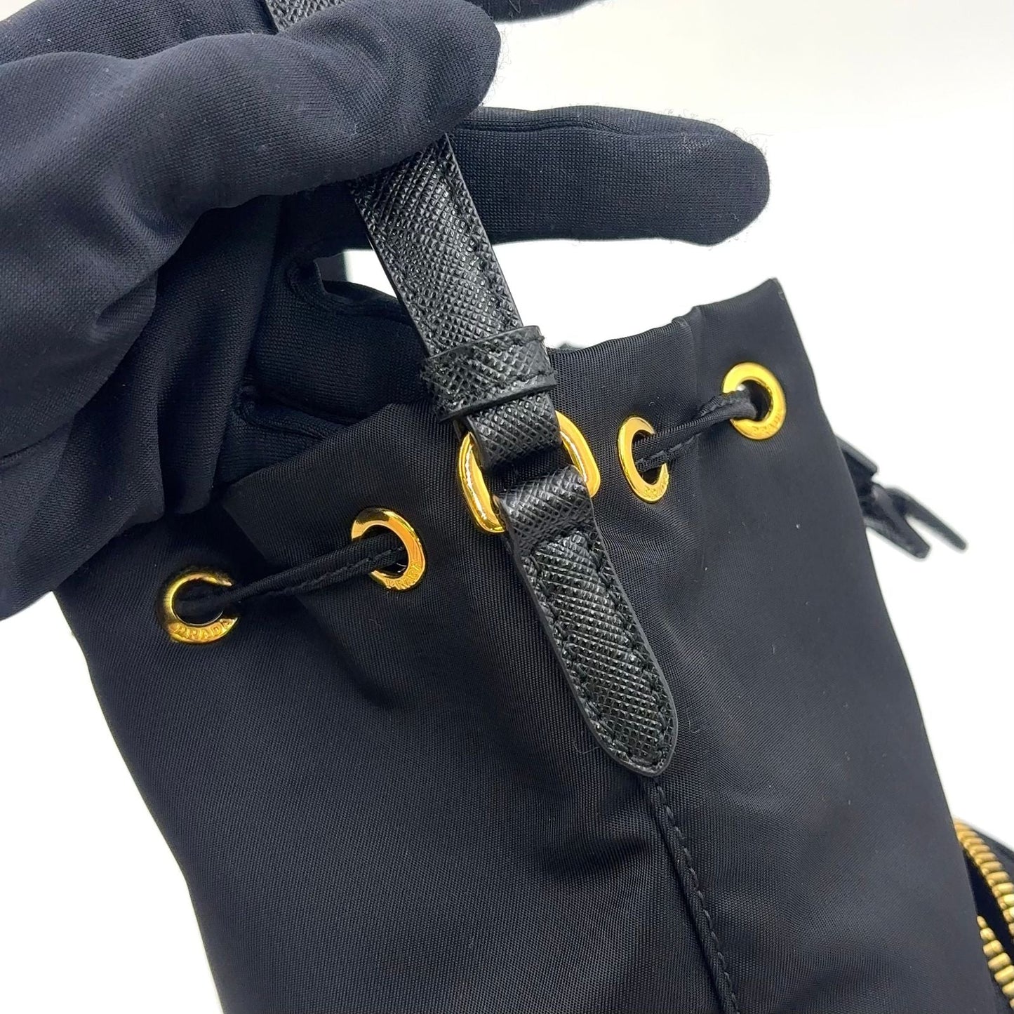 Prada Bucket 2-Way Nylon Black Handbag Gold