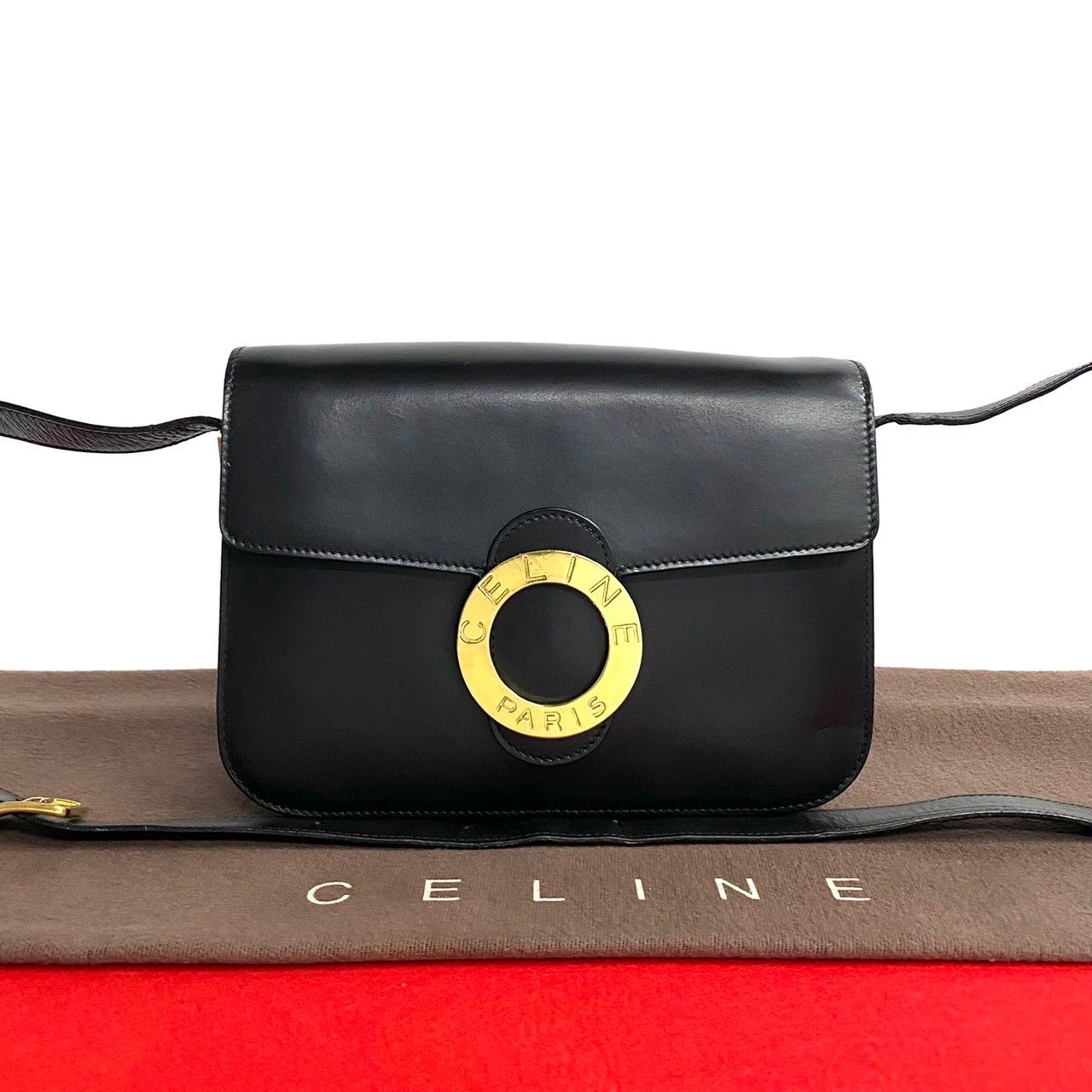 Celine Vintage Circle Logo Leather Mini Shoulder Bag Pochette Black