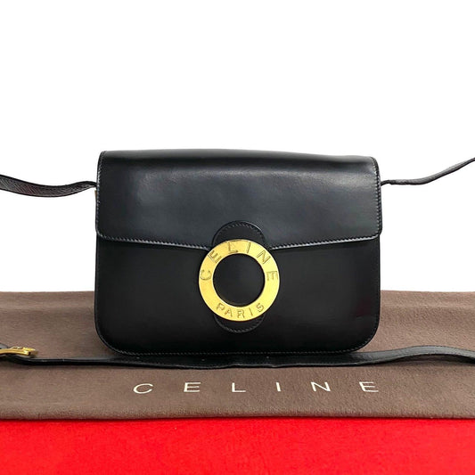 Celine Vintage Circle Logo Leather Mini Shoulder Bag Pochette Black