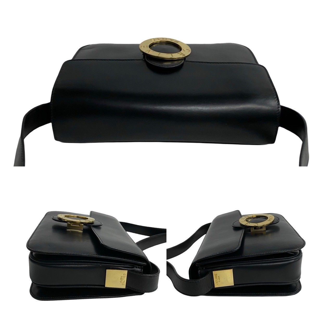 Celine Vintage Circle Logo Leather Mini Shoulder Bag Pochette Black
