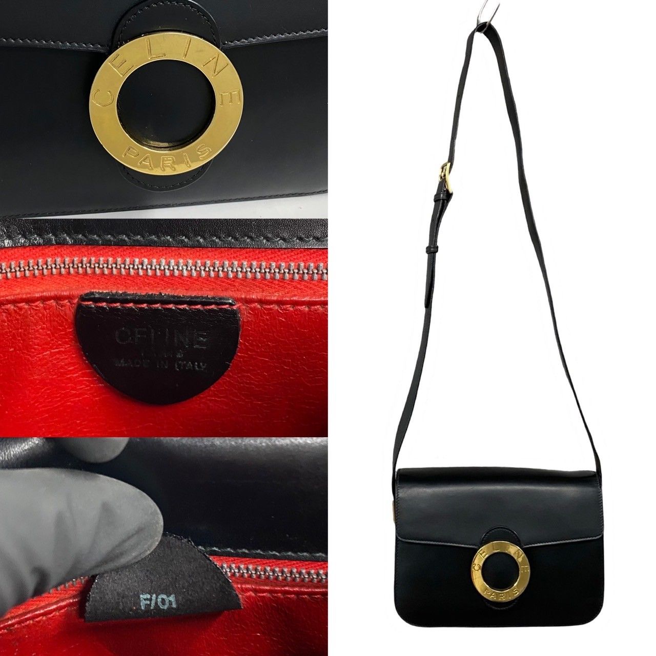 Celine Vintage Circle Logo Leather Mini Shoulder Bag Pochette Black