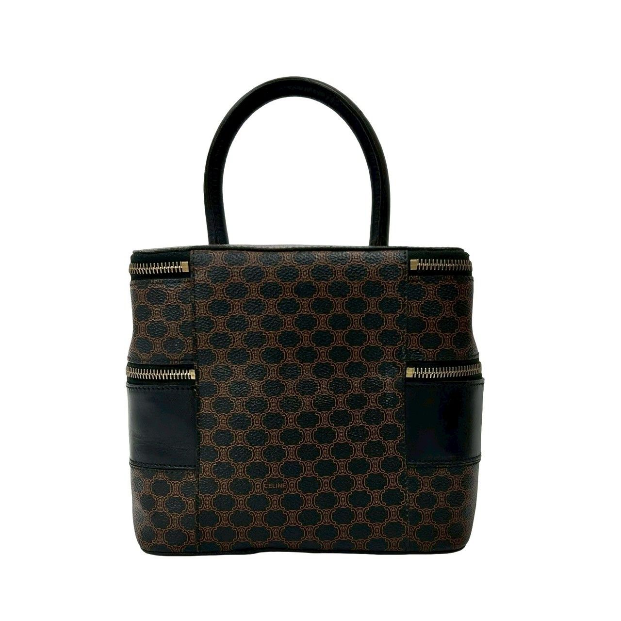 Celine Vintage Macadam Blason Pattern Leather Handbag Vanity Makeup Box Black