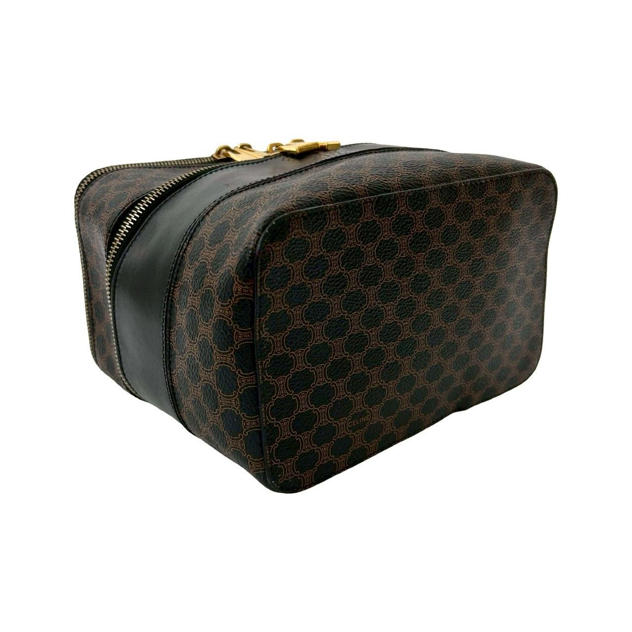 Celine Vintage Macadam Blason Pattern Leather Handbag Vanity Makeup Box Black