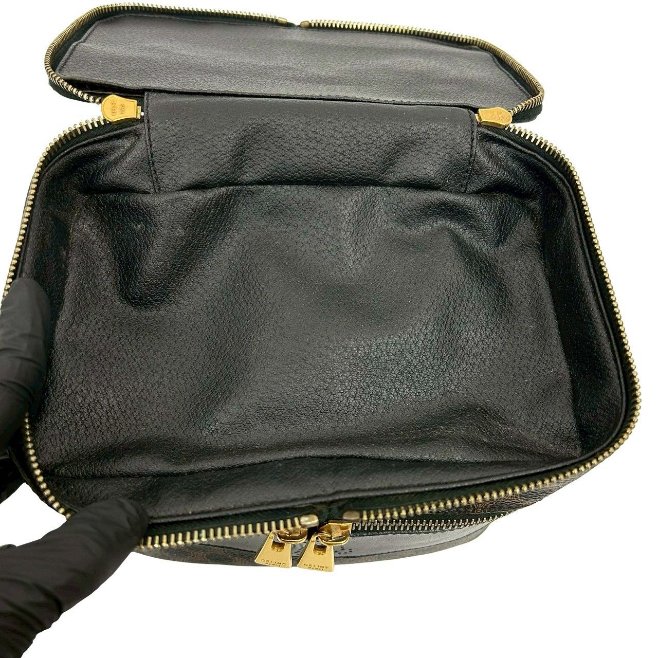 Celine Vintage Macadam Blason Pattern Leather Handbag Vanity Makeup Box Black