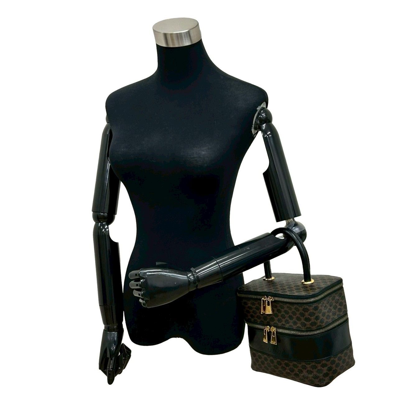 Celine Vintage Macadam Blason Pattern Leather Handbag Vanity Makeup Box Black