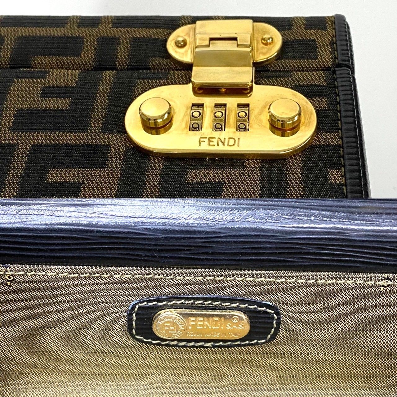 Fendi Dial Lock Vanity Zucca FF Pattern Canvas Leather 2-Way Shoulder Bag Brown