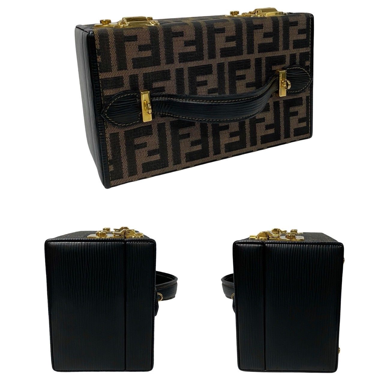 Fendi Dial Lock Vanity Zucca FF Pattern Canvas Leather 2-Way Shoulder Bag Brown