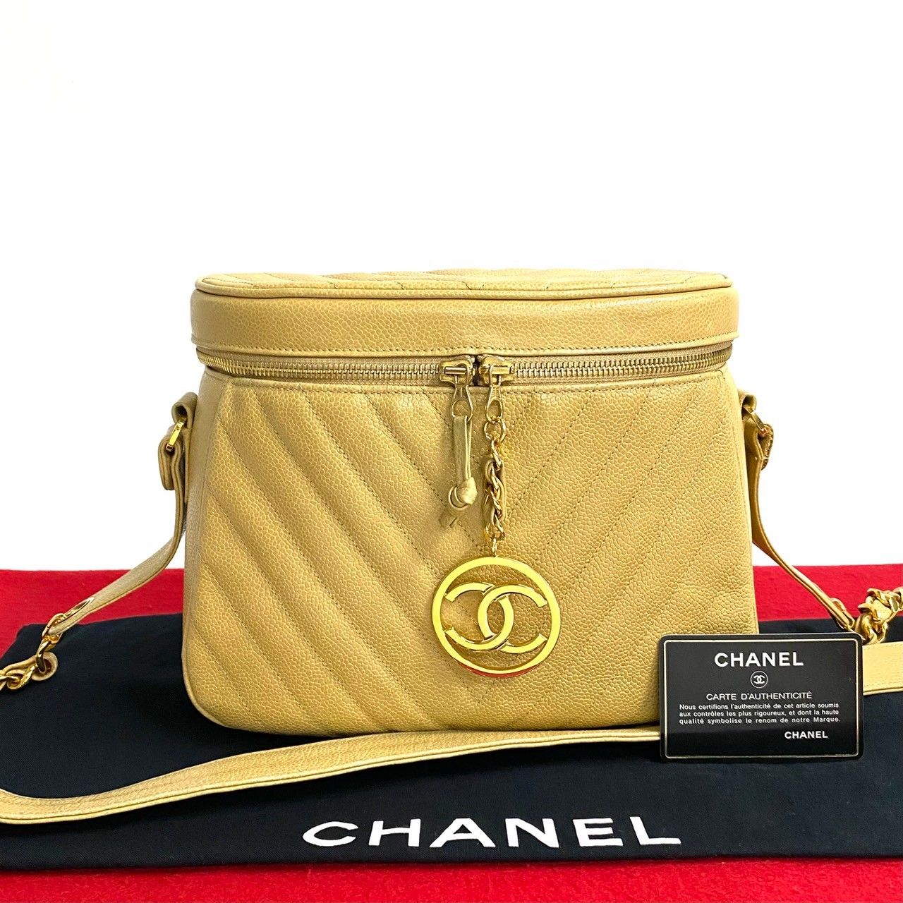 Chanel Card with Stitch CC Logo Caviar Leather Chain Shoulder Bag Beige