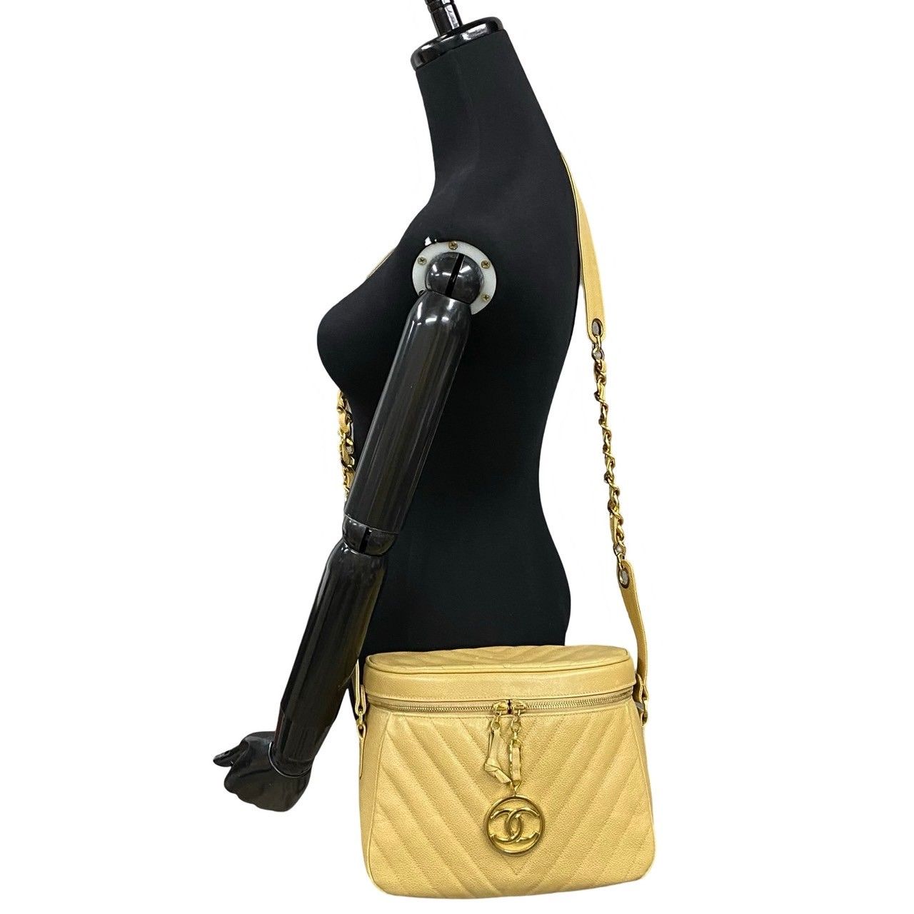 Chanel Card with Stitch CC Logo Caviar Leather Chain Shoulder Bag Beige