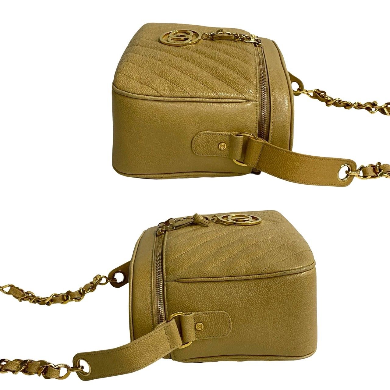 Chanel Card with Stitch CC Logo Caviar Leather Chain Shoulder Bag Beige