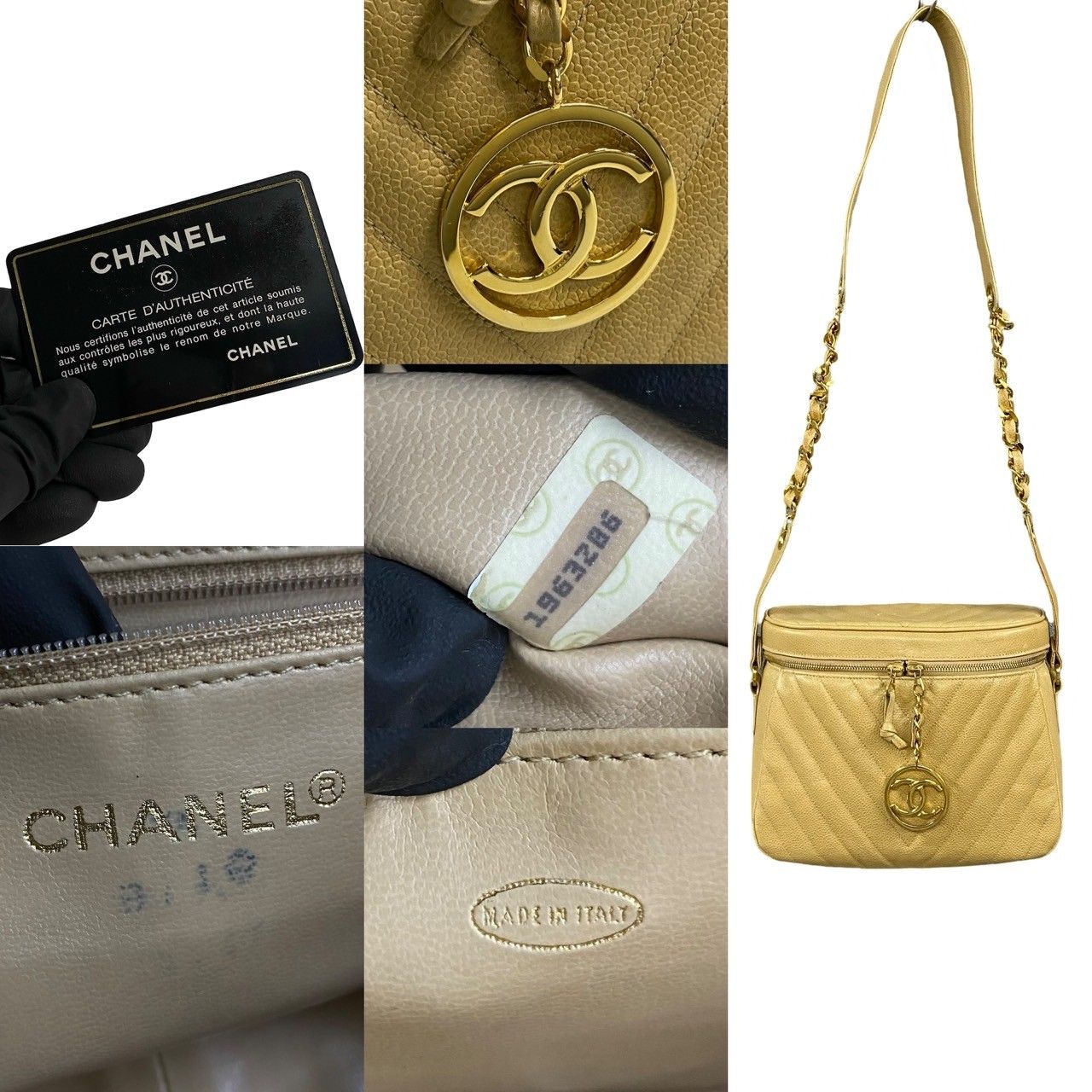 Chanel Card with Stitch CC Logo Caviar Leather Chain Shoulder Bag Beige