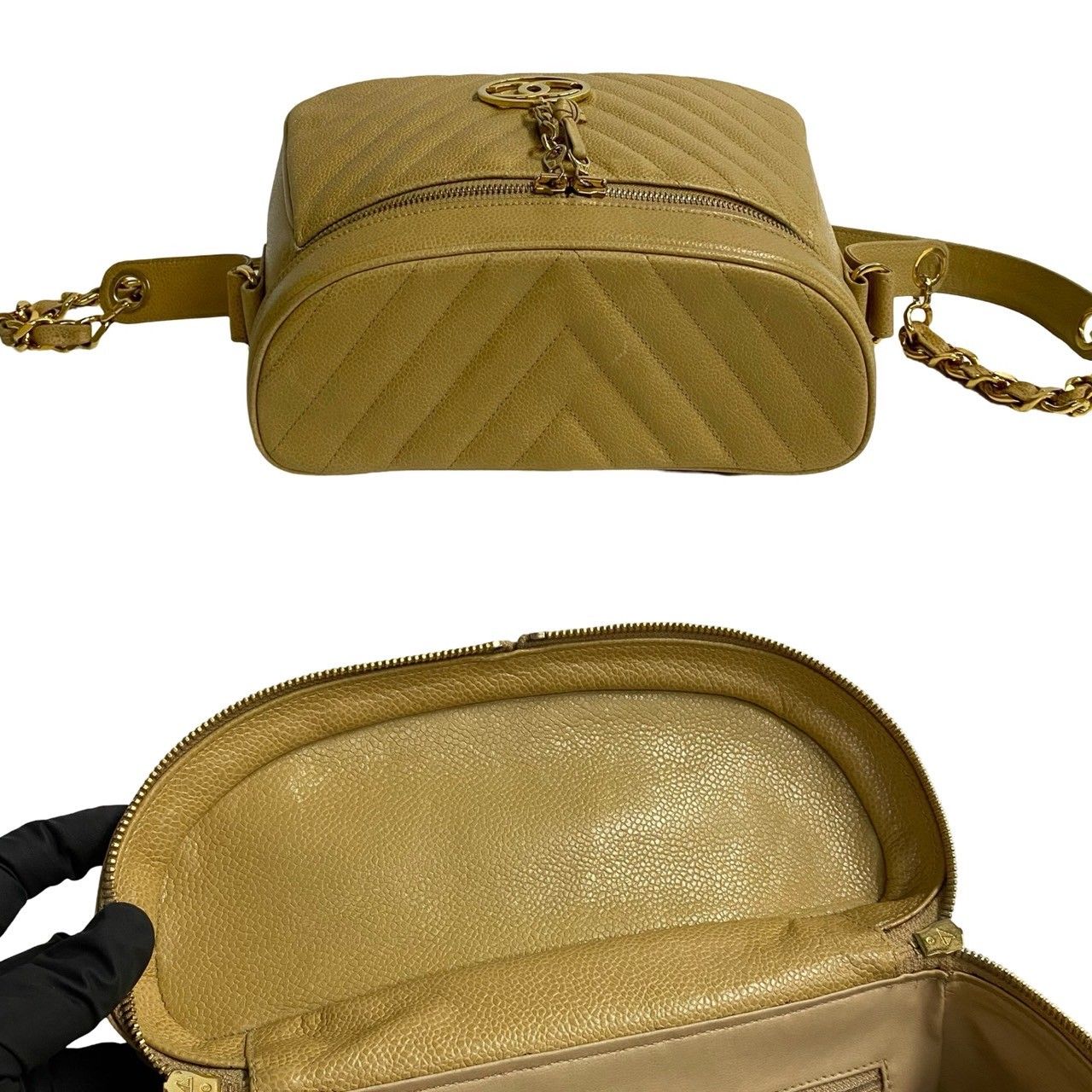 Chanel Card with Stitch CC Logo Caviar Leather Chain Shoulder Bag Beige