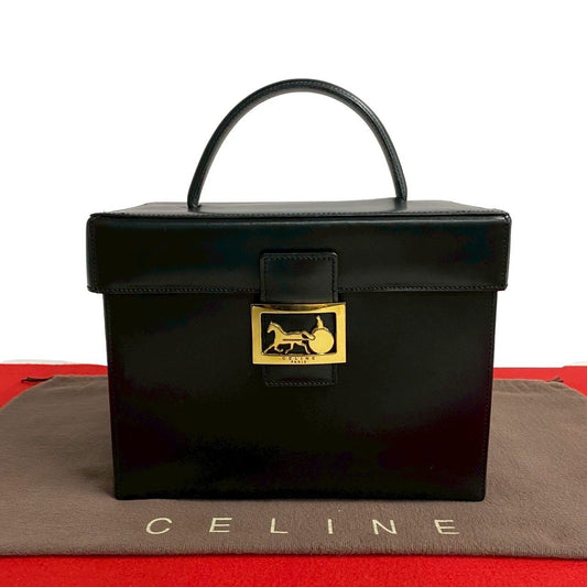 Celine Vintage Logo Carriage Calf Leather Handbag Vanity Back Makeup Box Black