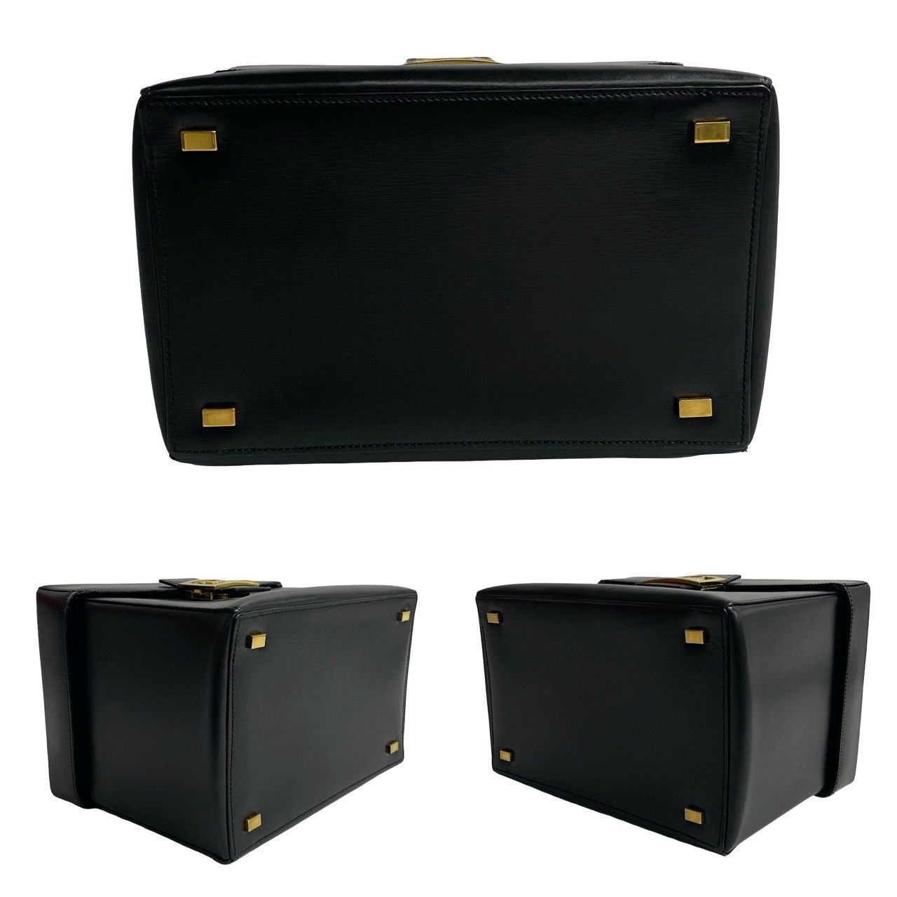Celine Vintage Logo Carriage Calf Leather Handbag Vanity Back Makeup Box Black