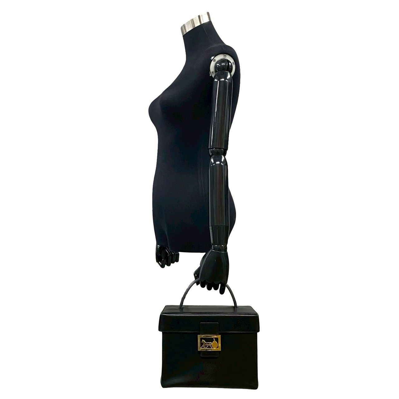 Celine Vintage Logo Carriage Calf Leather Handbag Vanity Back Makeup Box Black