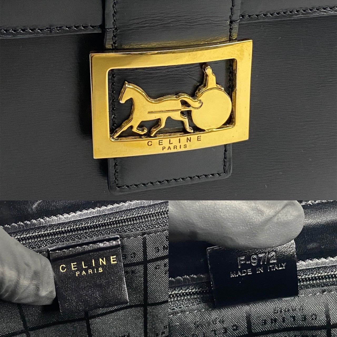Celine Vintage Logo Carriage Calf Leather Handbag Vanity Back Makeup Box Black