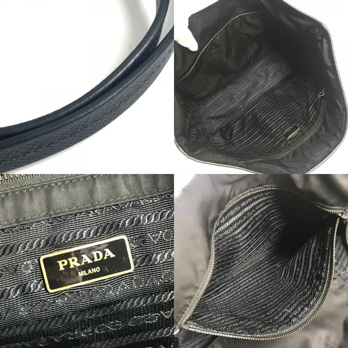 Prada Tote Kaietron Pull Belt Logo Stripe Leather Nylon Black
