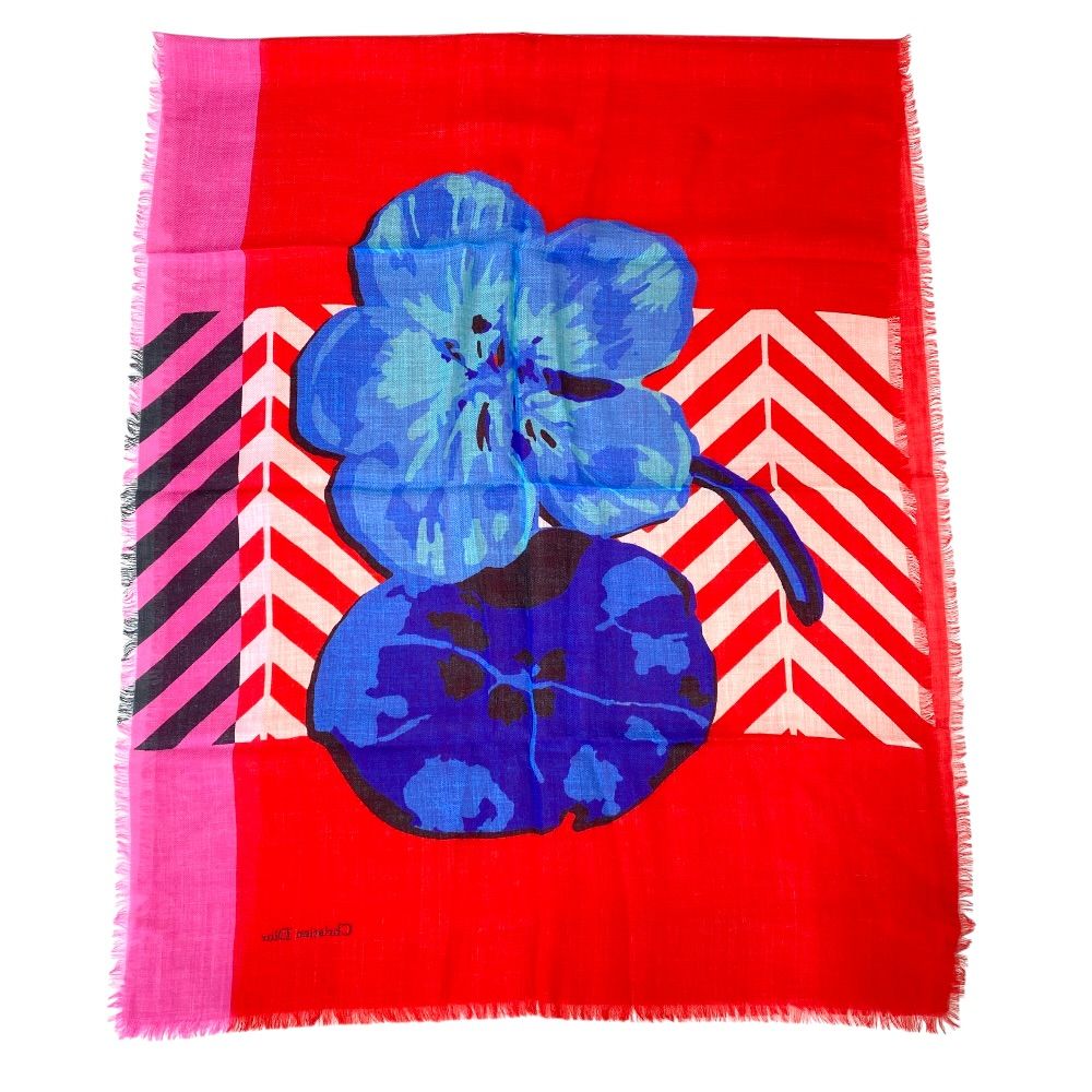 Dior Scarf Shawl Large Flower Red Cashmere Coordination Arrangement Neck Cover