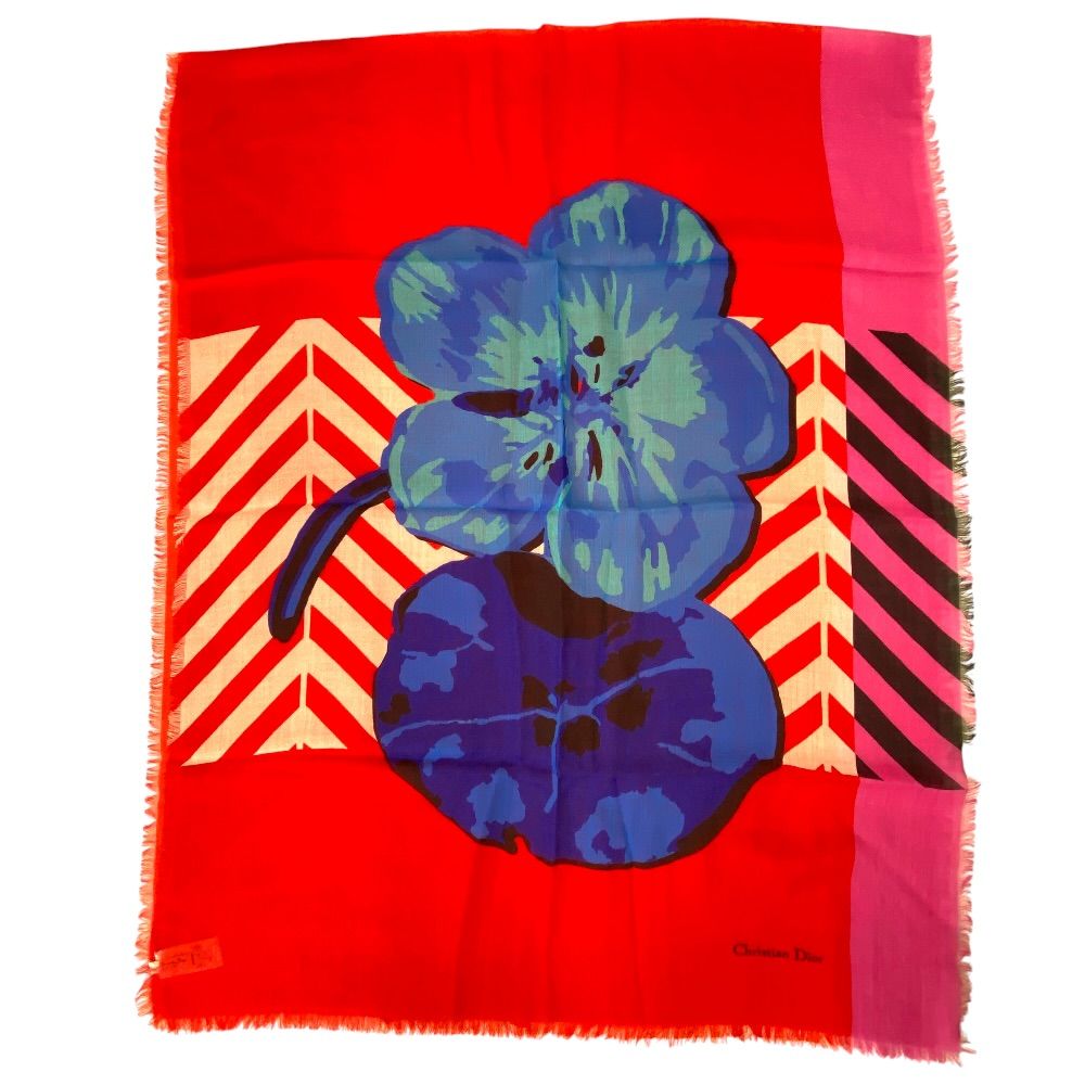 Dior Scarf Shawl Large Flower Red Cashmere Coordination Arrangement Neck Cover