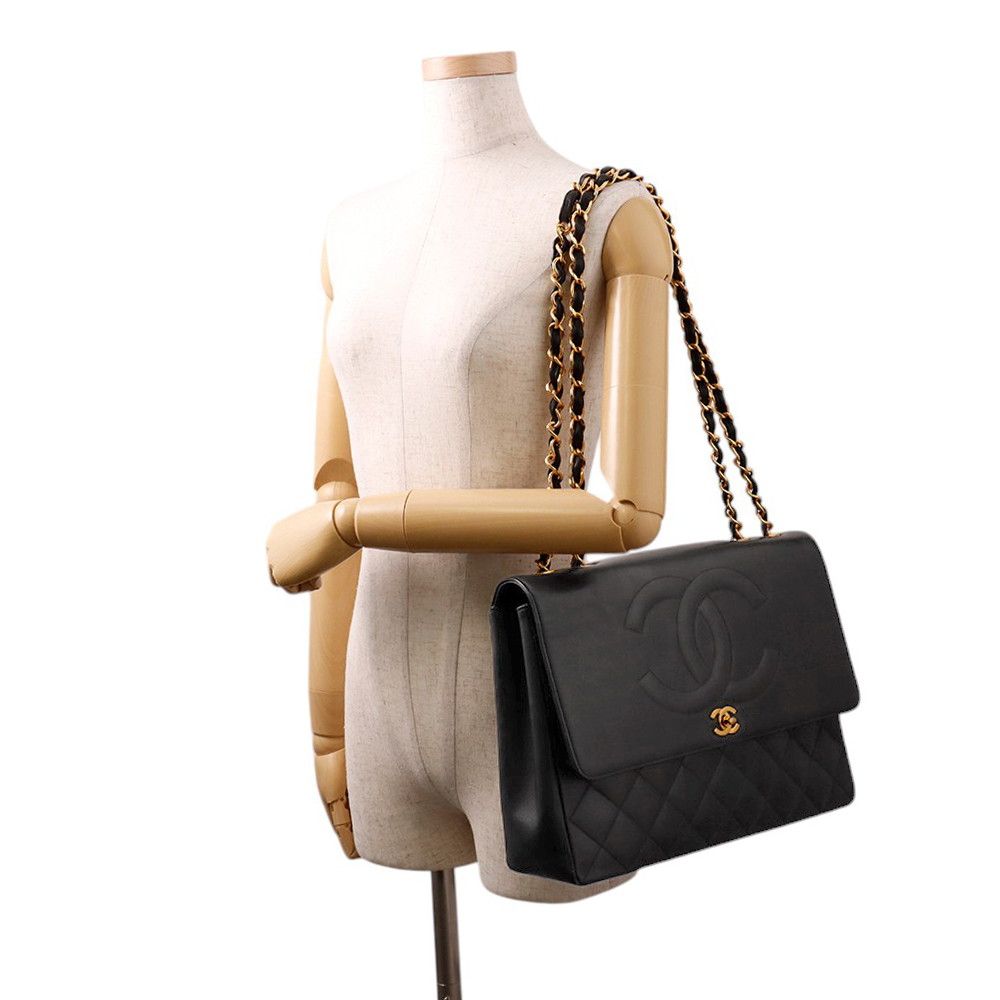 Chanel Chain Shoulder Bag Quilted CC Logo Jumbo CC Double Caviar Leather Black