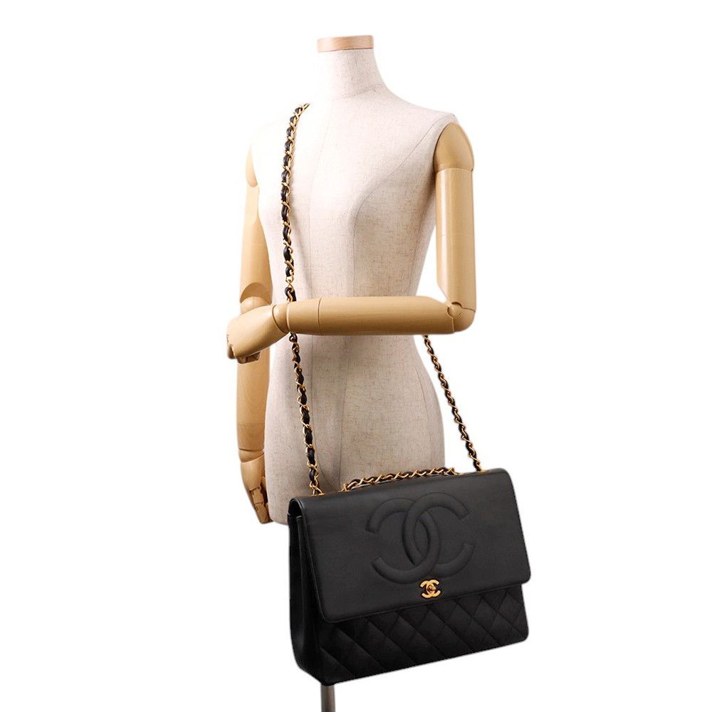 Chanel Chain Shoulder Bag Quilted CC Logo Jumbo CC Double Caviar Leather Black