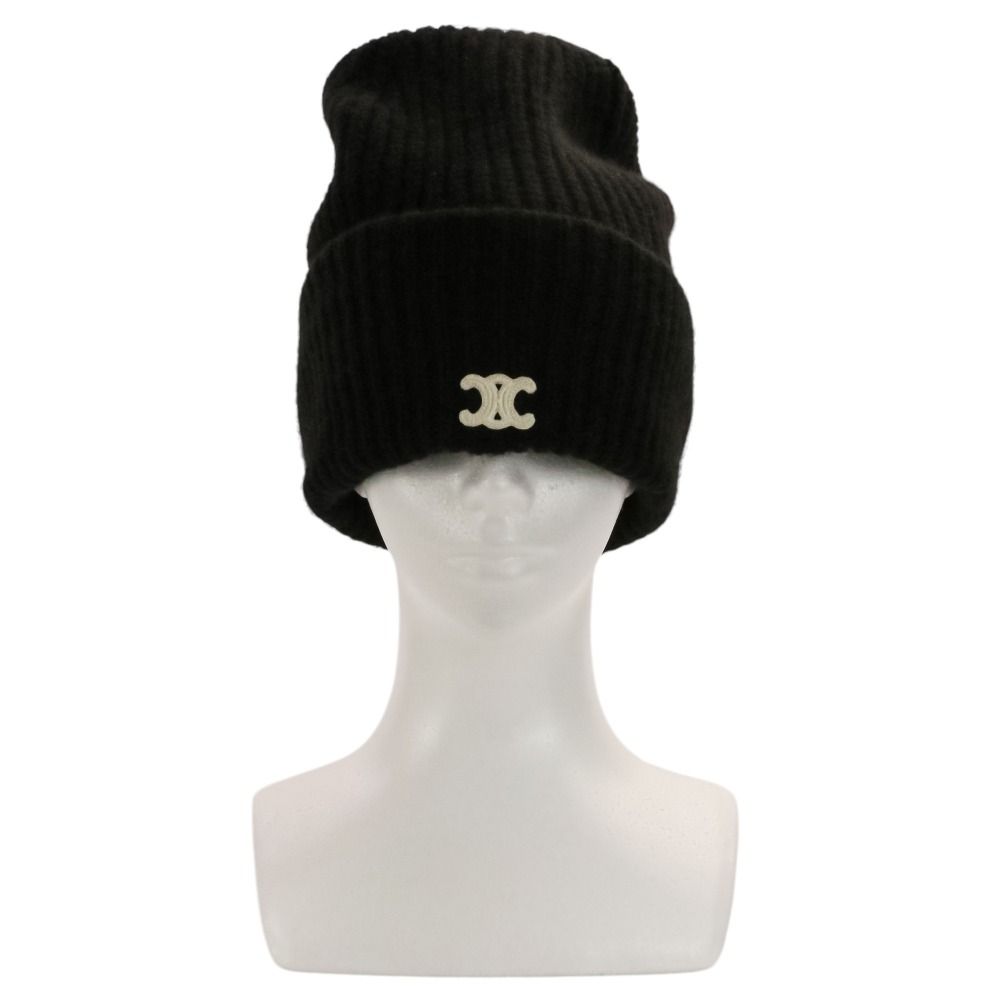 Celine Seamless Cashmere Triomphe Knit Cap Hat TU 53 cm Black