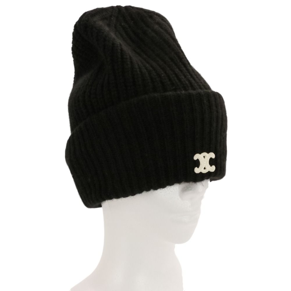 Celine Seamless Cashmere Triomphe Knit Cap Hat TU 53 cm Black