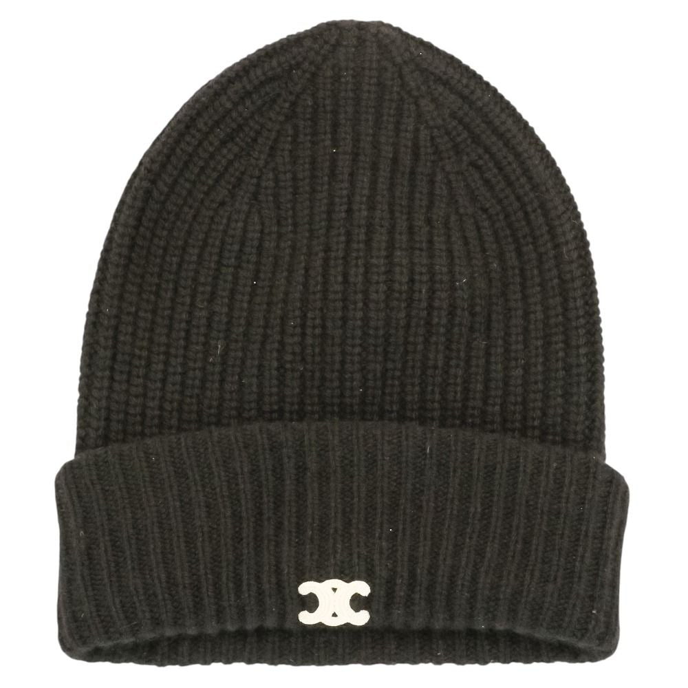 Celine Seamless Cashmere Triomphe Knit Cap Hat TU 53 cm Black