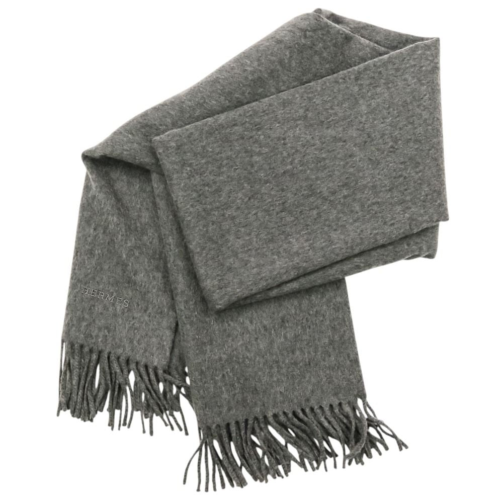 Hermes Cashmere Fringe Large Shawl Scarf Gray