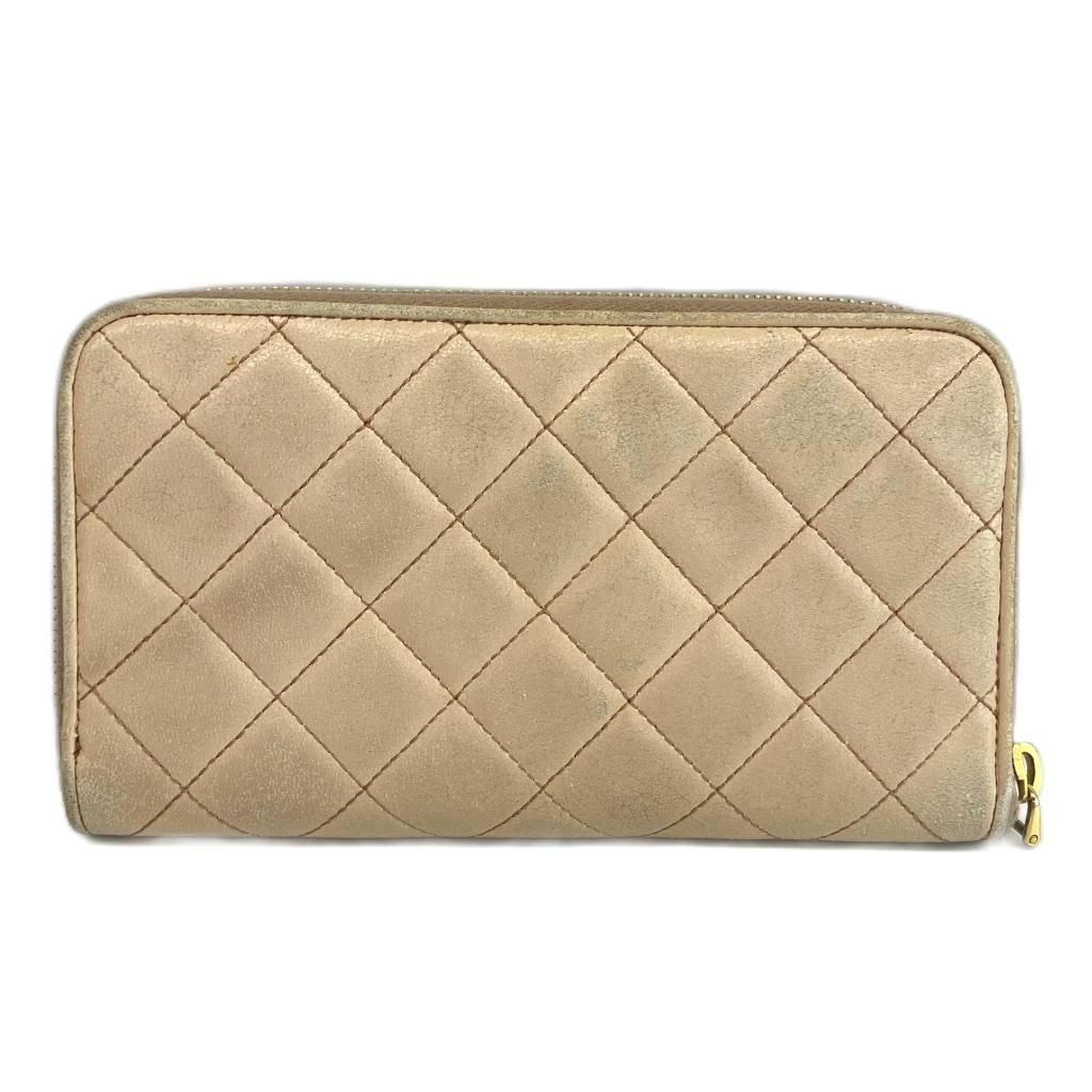 Prada Wallet Leather Quilted Zip Around Logo Gold Beige