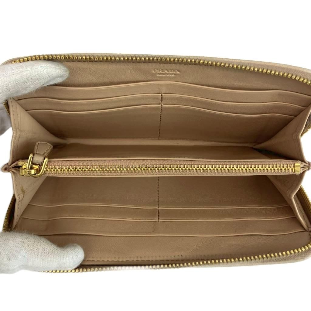 Prada Wallet Leather Quilted Zip Around Logo Gold Beige