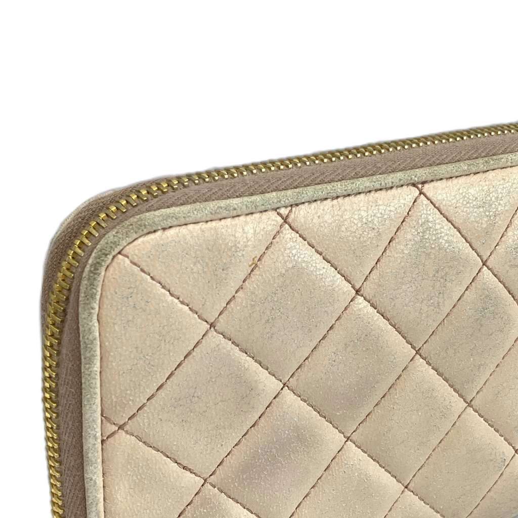 Prada Wallet Leather Quilted Zip Around Logo Gold Beige