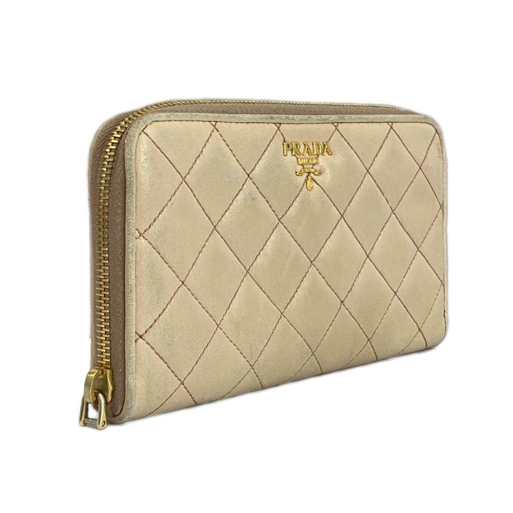 Prada Wallet Leather Quilted Zip Around Logo Gold Beige