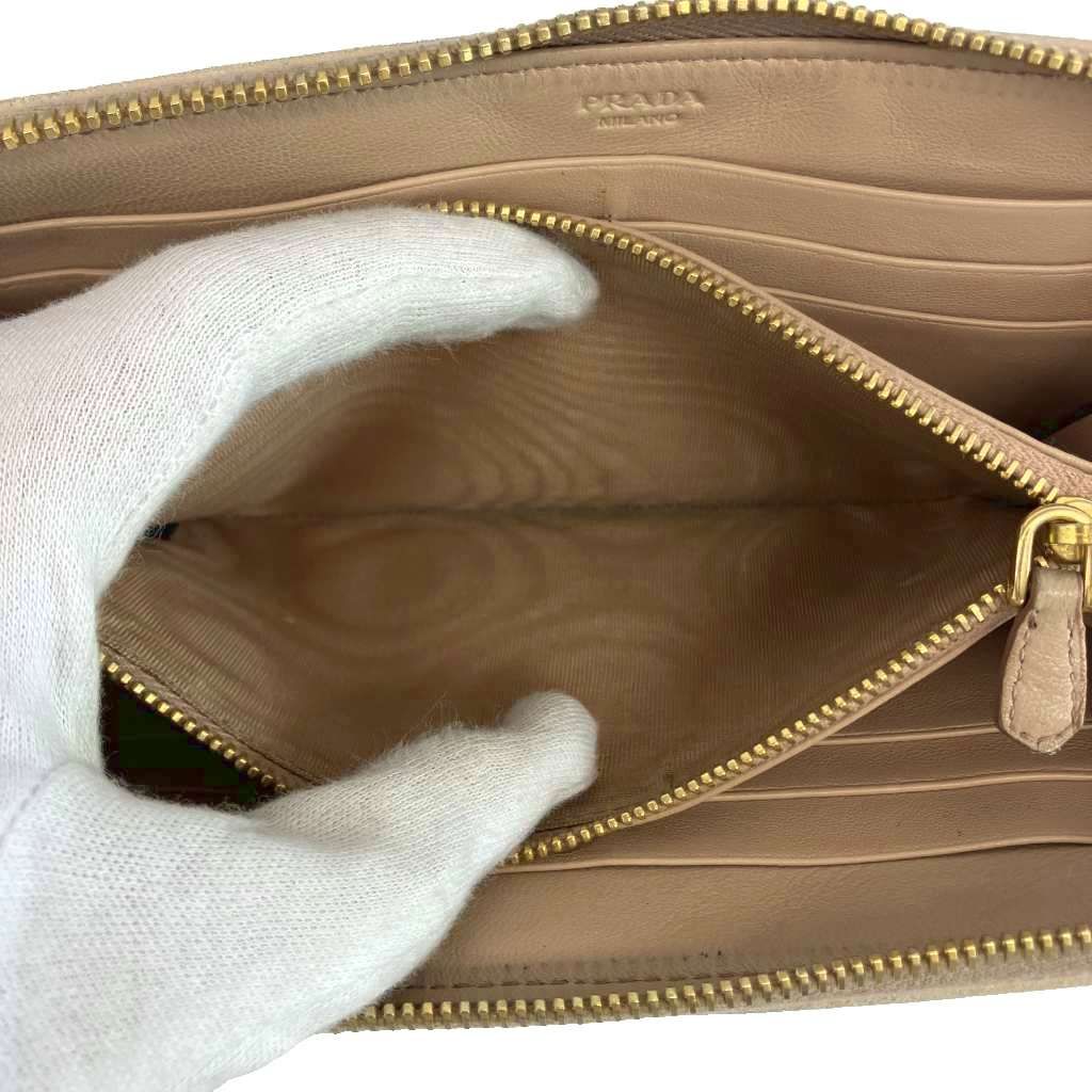 Prada Wallet Leather Quilted Zip Around Logo Gold Beige