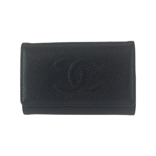 Chanel Vintage CC Logo 6 Rows Black Gold Caviar Leather Key Case Key Holder