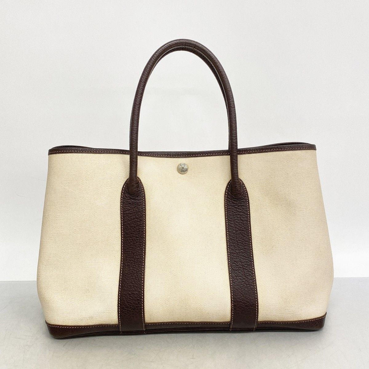 Hermes Tote Garden Party PM Toile Ash Brown Beige Silver