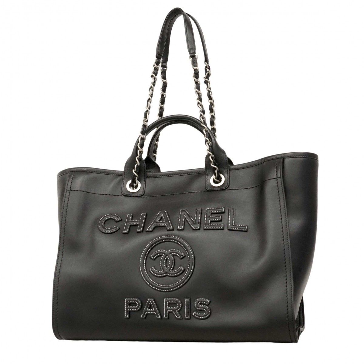 Chanel Handbag Deauville Lambskin Black Silver 2-Way Bag